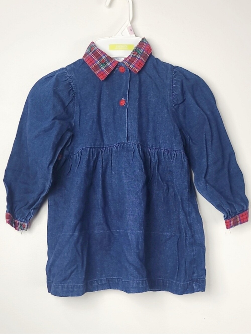 Vtg 80's-90's Oshkosk B'Gosh Dark Wash Denim Blue Red Plaid Trim Jean Dress 3T